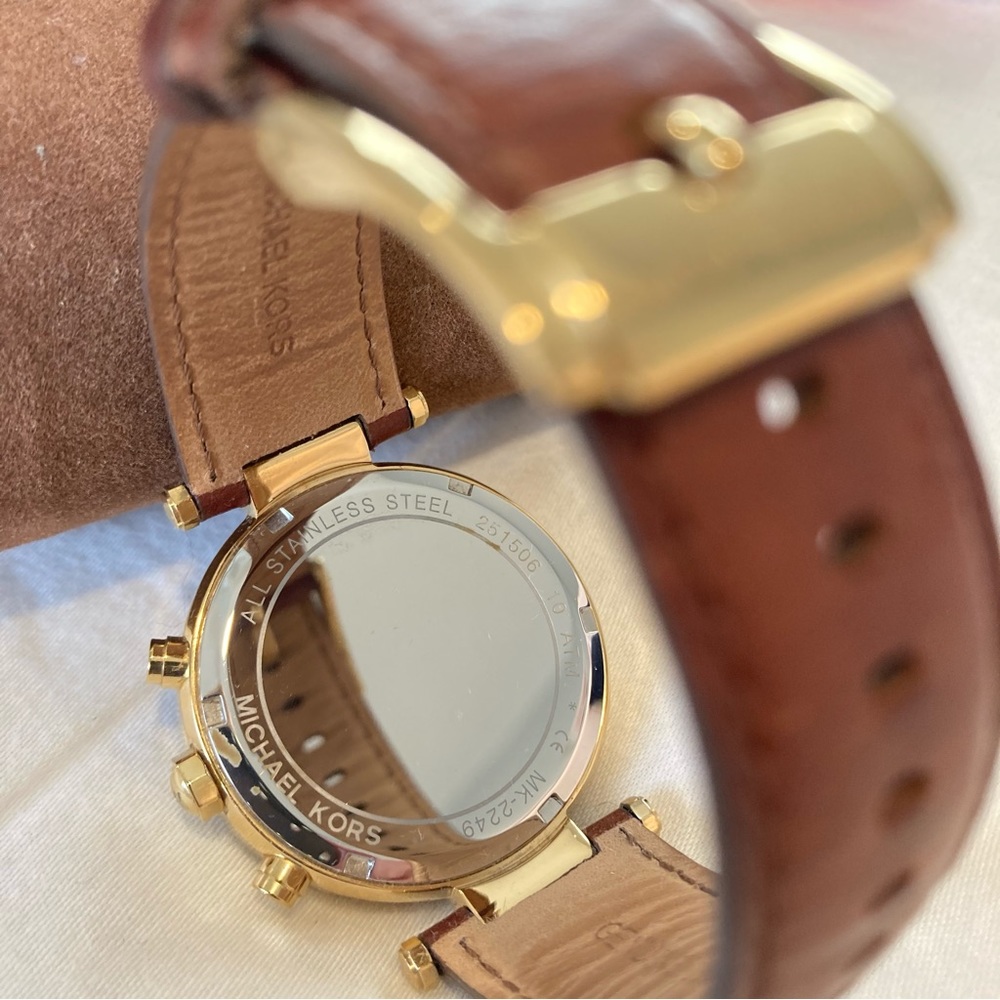 NIB - MICHAEL KORS Watch Gold tone, Brown Leather Strap with Crystals - Picture 5 of 9